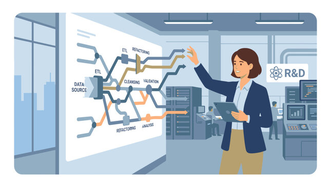 Professional Woman Presenting Complex Data Flow on Interactive Screen in RD Office.
