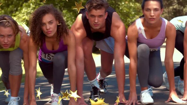 Adult runners holding sports start on paved path, camera panning, gold-star overlay showing bib 157