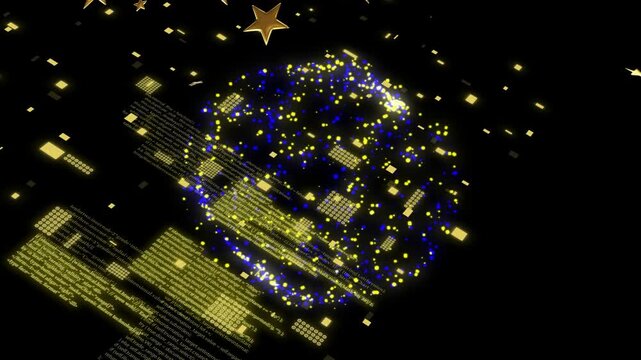 Gold stars drifting in starting particle sphere rotating, pulsing, forming streaks to show code