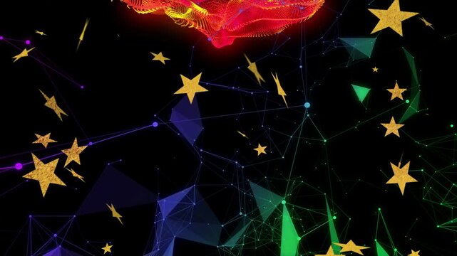 Red-yellow plasma emerging, golden stars drifting inward, polygonal mesh shifting, creating depth