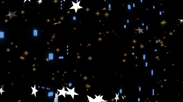 Stars popping up starting duotone swarm gold sparks drifting, rotating past blue cols forming scene