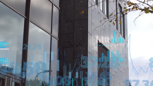 Camera panning right up, building facade exposing vent while overlays rising to show market data