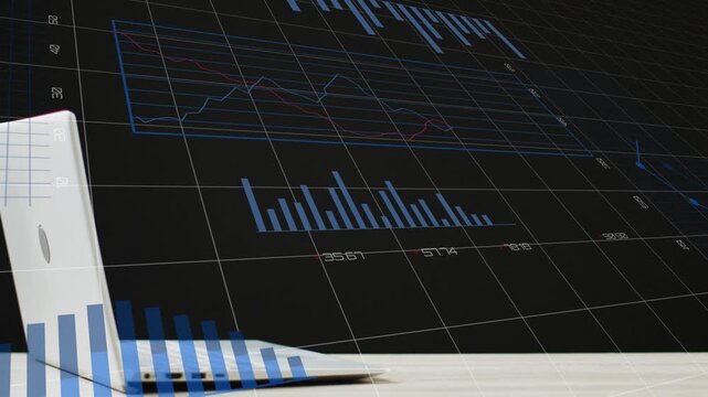 Data feed starting, charts animating over white laptop and dark grid, showing live analytics