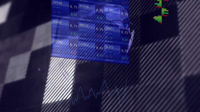 Diagonal bands sweeping, data panel with rotating globe revealing charts, tickers showing markets