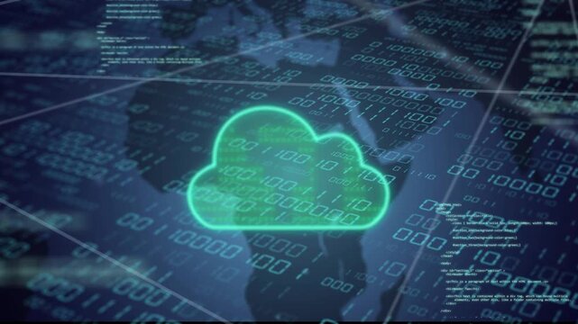 Neon cloud receiving incoming binary, pulsing expanding, filling with binary, showing connection