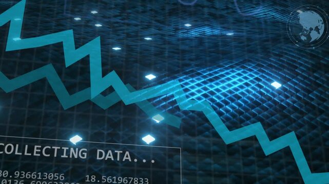 Collecting data panel appearing, zigzag drawing across mesh, rings and text visualizing analytics