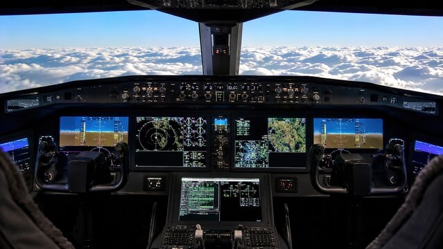 Captivating cockpit view with advanced flight instruments over clouds aviation scene high altitude wide angle modern technology concept for aviation enthusiasts