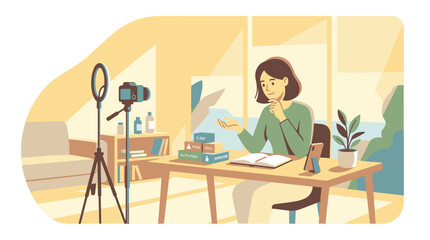 Fototapeta premium Young Woman Creating Online Video Content at Home Studio Desk.