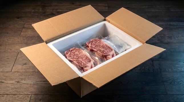 Vacuum-packed premium raw Wagyu beef steaks with an ice pack inside an open styrofoam container and cardboard shipping box. Luxury food home delivery, wholesale, and logistic concepts