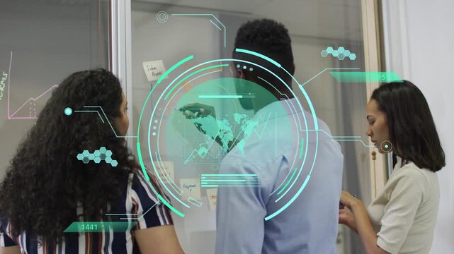 Man starting writing on glass, biz team planning, teal HUD overlaying group marking charts, notes