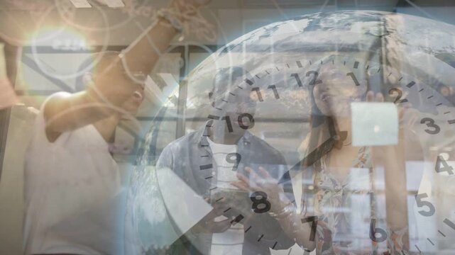Team stepping placing postits on glass for business plan, man with tablet, clock and globe hovering