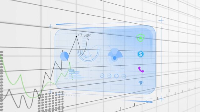 On data feed start translucent UI panel clarifying while line graphs sweeping to show metric shifts