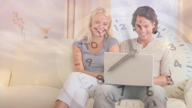 Couple exchanging smiles, man typing laptop, laughing as tech clock and moon drifting around them