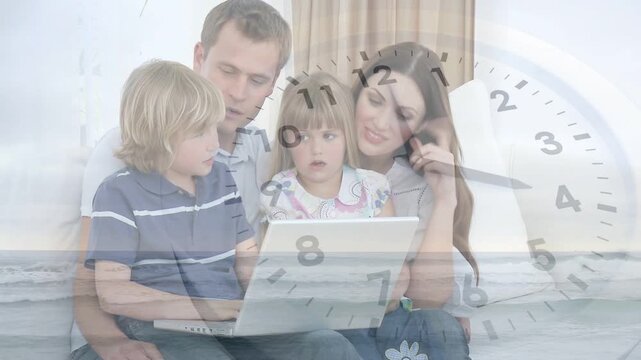 Dad guiding kids typing on laptop for home learning while clock hands shifting over ocean overlay