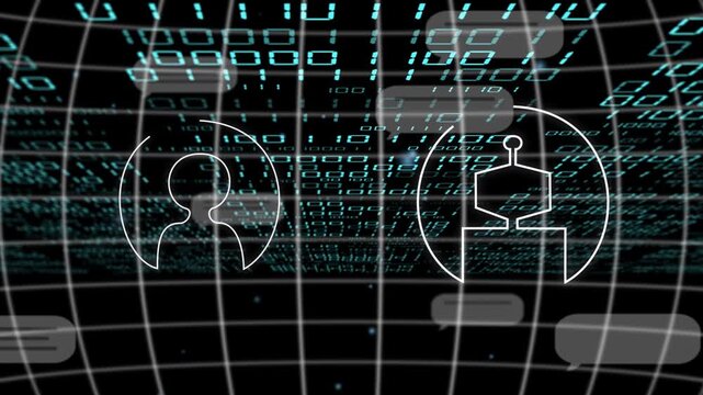 Numeric matrix scrolling, drawing human and robot avatars forward, highlighting chat connection