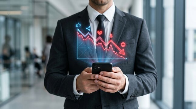 Businessman wearing formal suit holding smartphone displaying declining growth chart.