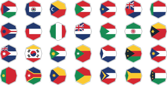 Set of jagged circular badge icons with national world flags national identity