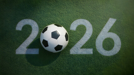 Obraz premium Soccer ball on a green field with 2026 marking