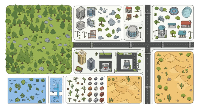 Isometric map creator kit with city buildings, forest trees, desert dunes and road tiles, flat vector environment constructor for game design