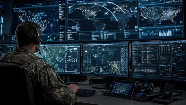 Military operations commanding officer military base digital intelligence monitoring high-tech environment rear view strategic analysis for enhanced security