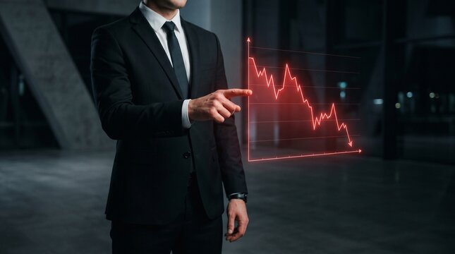 Man in formal black suit pointing at red line graph.