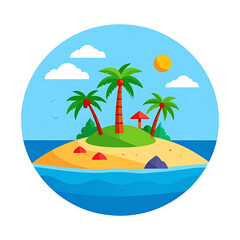 Obraz premium Tropical island scene with palm trees, sandy beach, blue ocean waves, and a bright sun, paradise vacation illustration