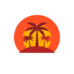 Obraz premium Tropical island scene with silhouetted palm trees against a vibrant orange and yellow sunset within a circular frame, evoking vacation and summer.