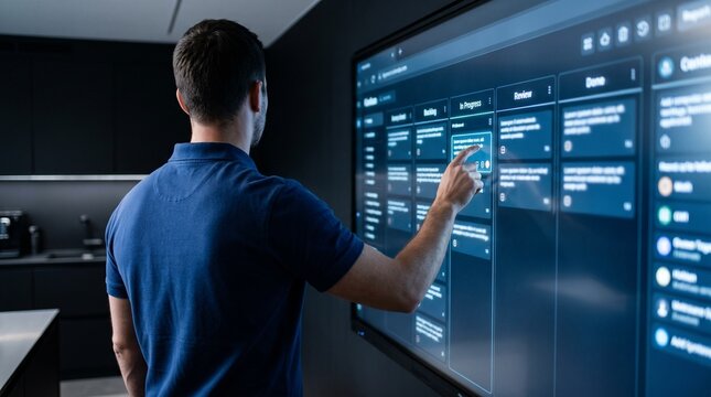 Professional man managing agile project on digital touchscreen in modern office.