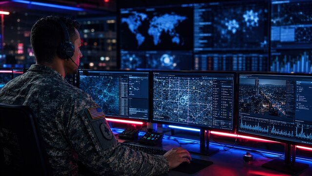 Cybersecurity operations in military control room tactical command center digital displays nighttime focused observation data analysis and threat monitoring