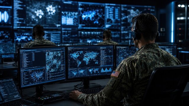 Military cyber operations command center digital warfare high-tech environment close-up view strategic intelligence analysis for enhanced security and defense