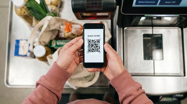 Man using smartphone for QR code payment at grocery self-checkout.
