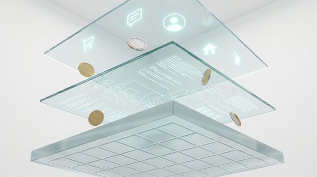 Futuristic fintech interface with smart contract flowchart and icons.