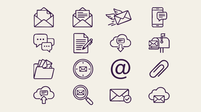 Set of outline icons depicting email, messaging, and digital communication concepts