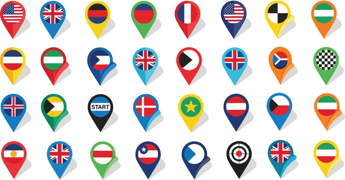 Global flag map pointer icons collection for international locations