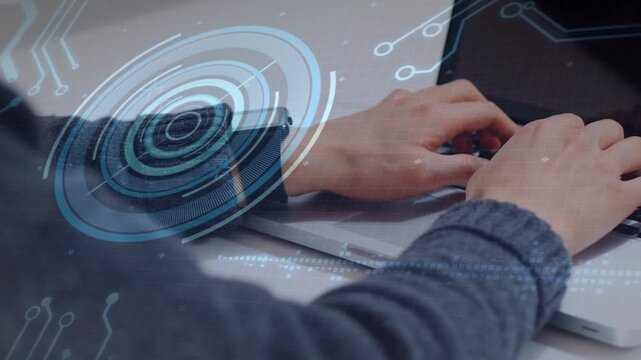 Male IT worker starting keystroke for work, typing on laptop while HUD shifting and watch updating