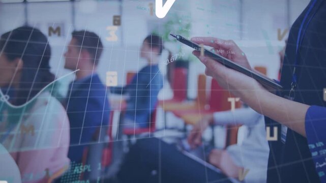 Standing woman tapping tablet and generating intensifying data grid and graphs for training