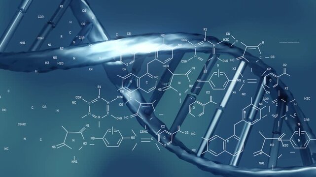 Close-up starting, teal-blue DNA helix rotating while molecular overlays appearing linking to helix