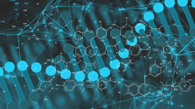 Turquoise helix entering left, moving right and tilting while chemical overlays forming bio scene