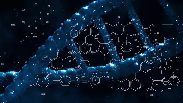 Glowing DNA helix pulsing, spurring glyphs from right, drifting left, forming grid for study