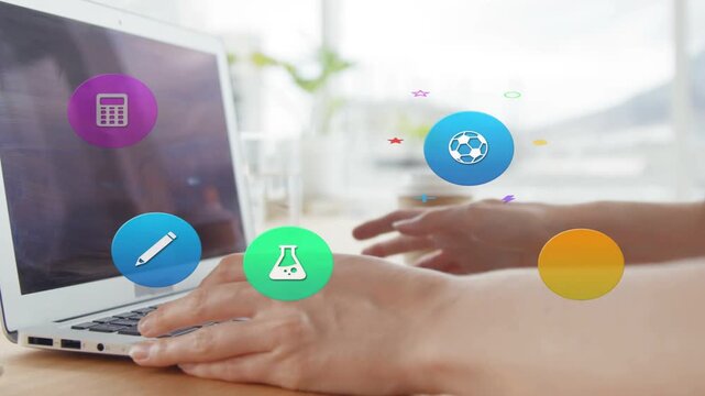 Peers placing hands on laptop keyboard, education book icon appearing above hands, organizing work