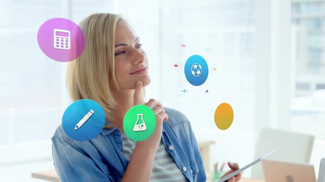 Adult woman tapping tablet in office creating learning app icons orbiting her guiding course choice