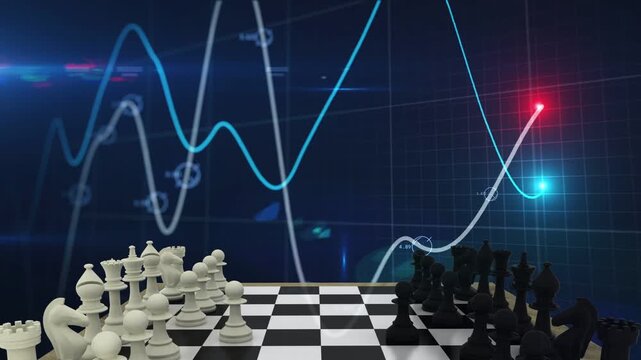 Data pulse starting teal white graphs moving, pulsing nodes, chessboard static showing market data