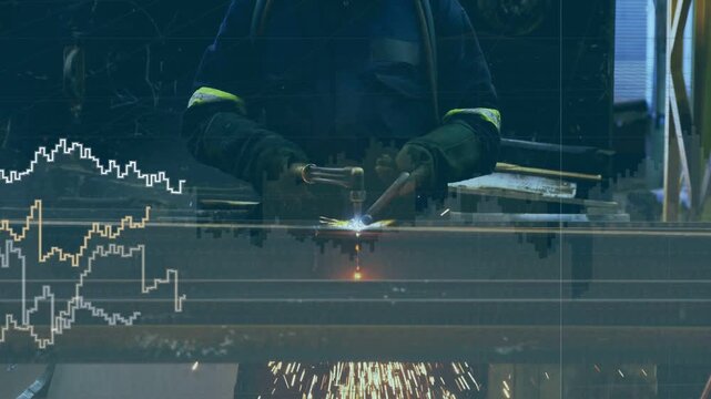 Torch arc igniting as metal welder cutting beam, camera zooming out, waveform overlay hiding sparks