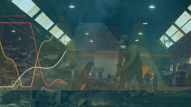 Scrap worker swinging hammer, breaking debris for recycling while animated graphs sweeping overhead