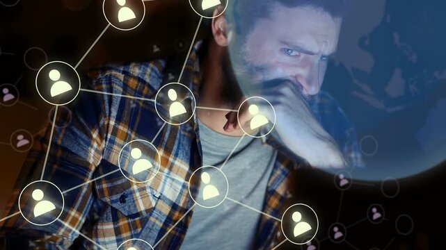 Tech developer activating expanding network map layering over scene analyzing social graph typing