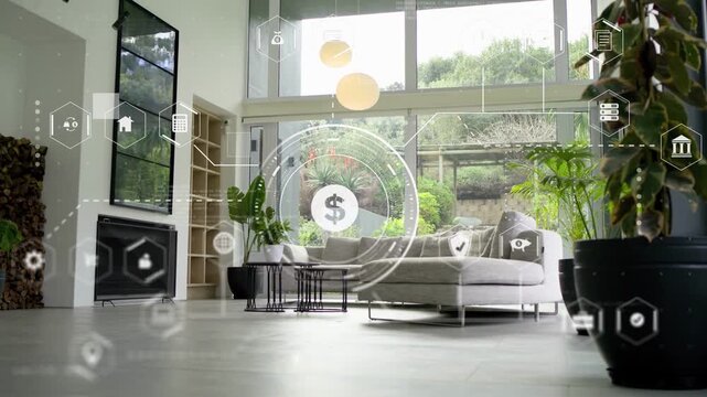 AR HUD activating and fading over seating area, showing interconnected home and finance icons