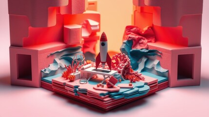 Obraz premium Stylized rocket launch scene. Geometric shapes, vibrant colors, low poly aesthetic. Minimalist design, warm lighting creates dramatic effect.