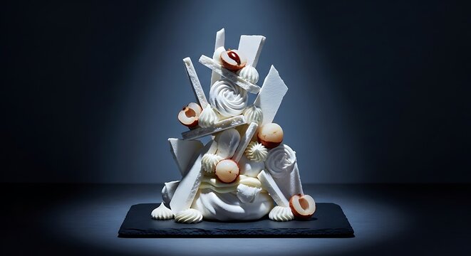 Artistic deconstructed pavlova dessert with lychee and meringue shards on dark slate.