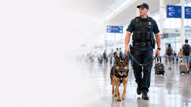 Airport security patrol with k9 unit international airport photography busy terminal ground level law enforcement and safety measures
