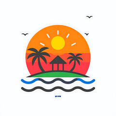 Obraz premium Tropical island with palm trees and beach hut under a bright sun, serene ocean waves, and flying birds, vector illustration for vacation and travel themes